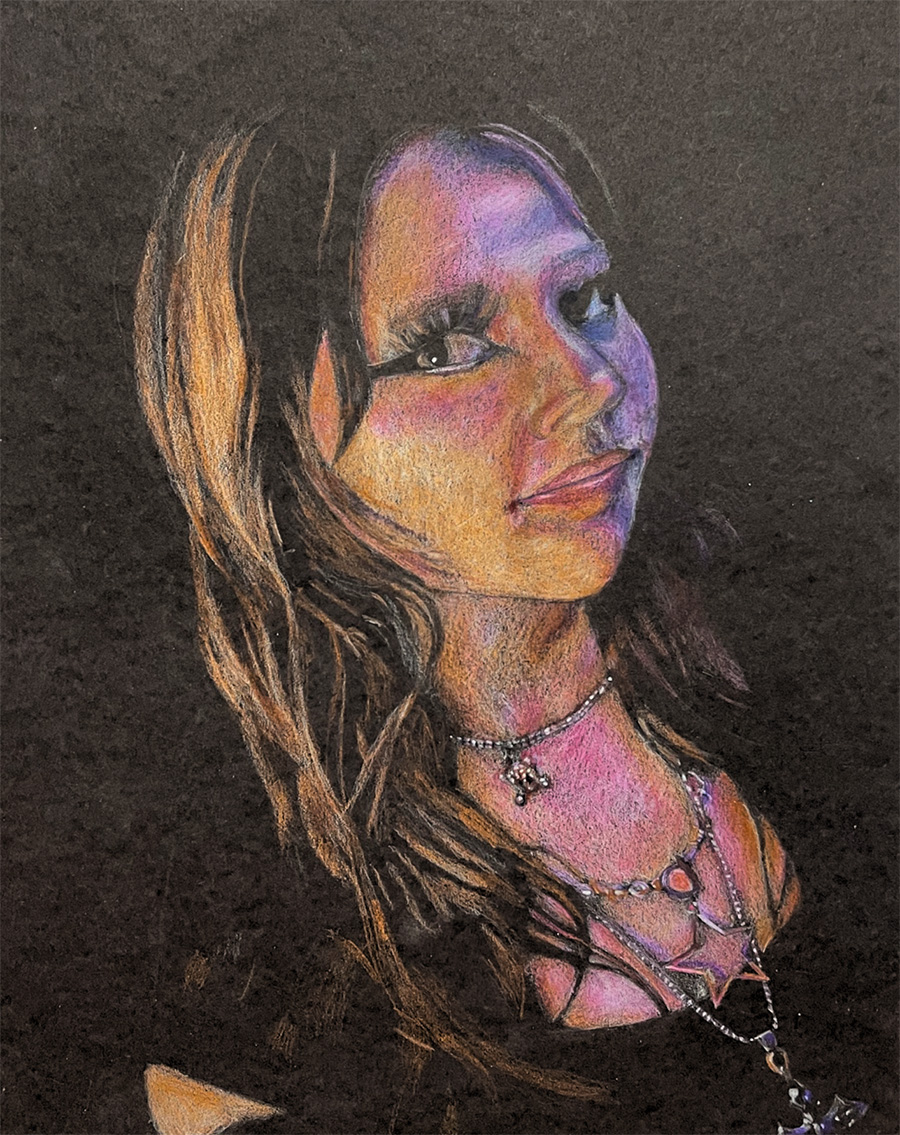 Colored pencil drawing of a girl with long hair wearing a black shirt and several necklaces.