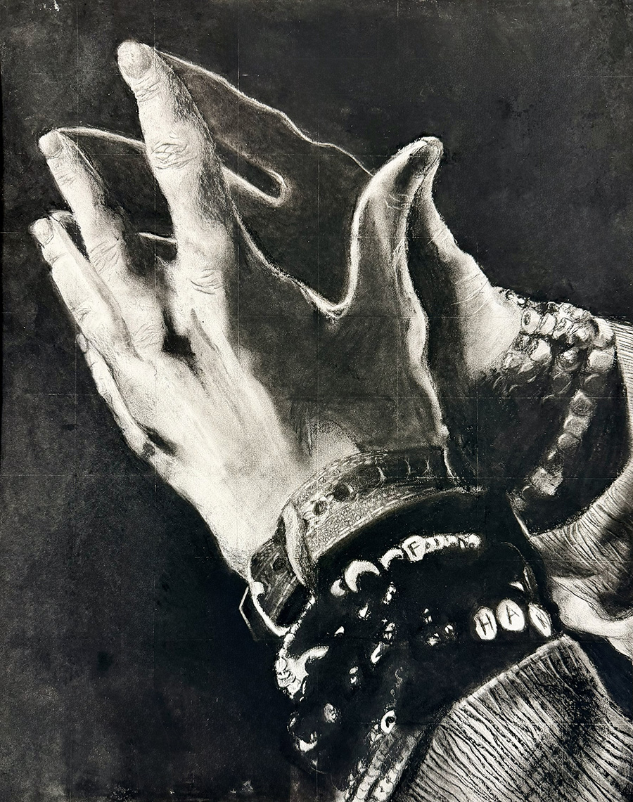 Charcoal drawing of two hands with several bracelets on the wrists.
