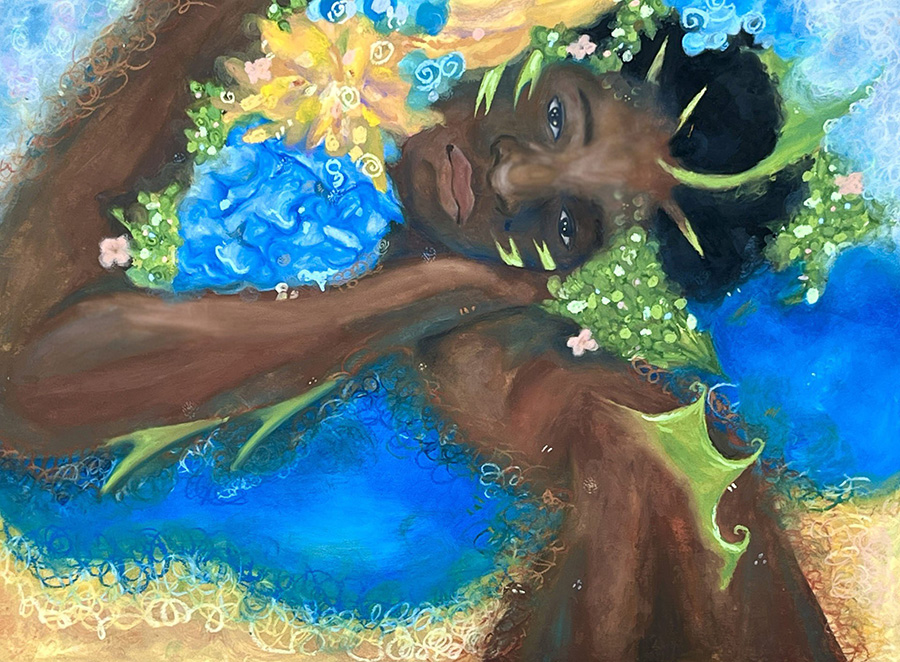 Oil pastel drawing of a woman surrounded by swirling flowers and nature shapes.