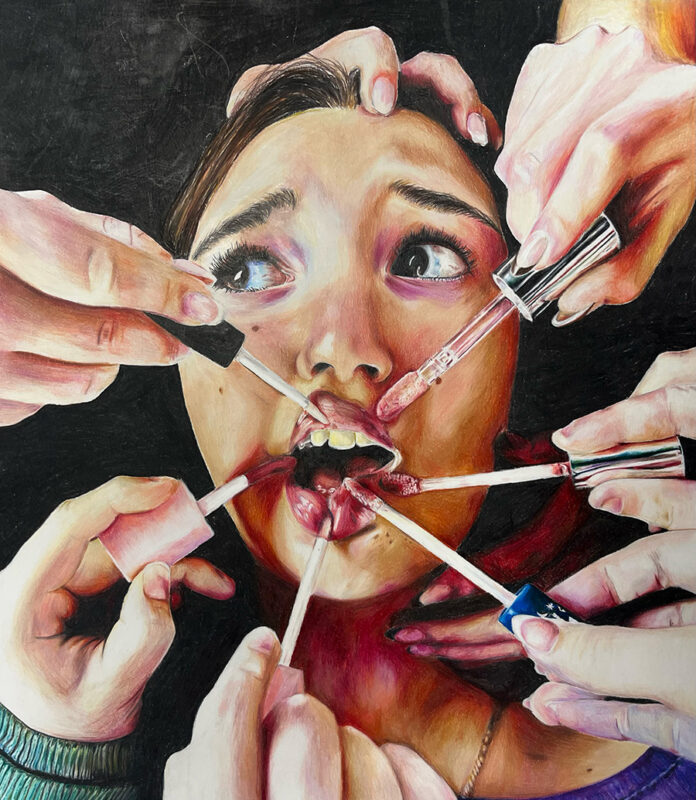 Colored pencil drawing of a girl with several sets of hands holding lip glosses up to her lips.