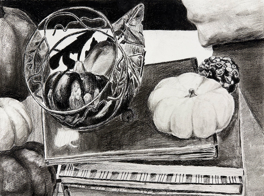 Still-life drawing of books and small pumpkins on a tabletop.