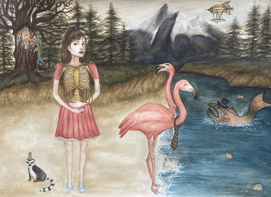 Mixed media artwork of a girl standing next to a river with her ribs exposed and a double-headed flamingo.
