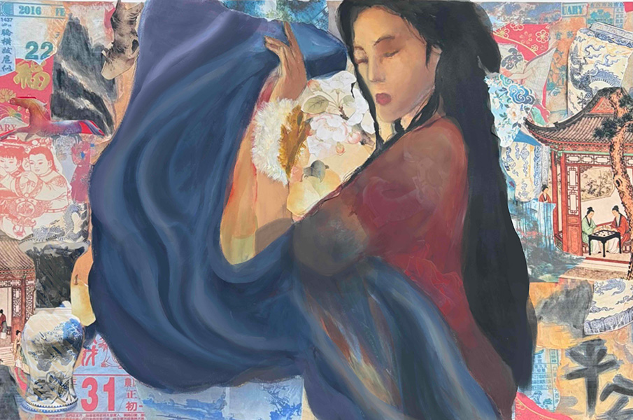 Painting of a woman in front of a collaged background.