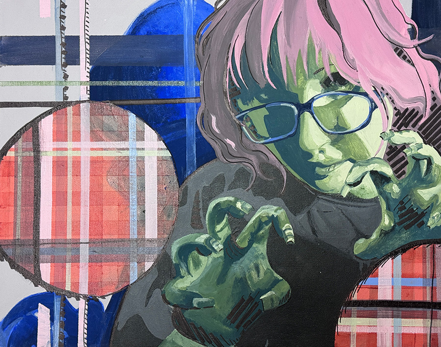 Portrait painting of a girl in front of a multi-colored plaid background.