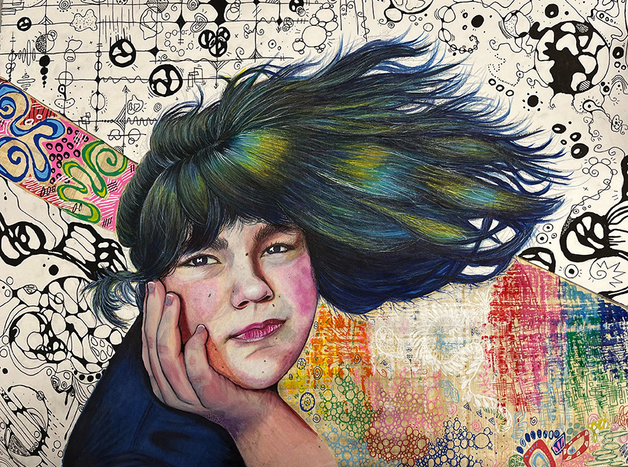 Portrait drawing of a girl with a colorful, illustrated abstract background.