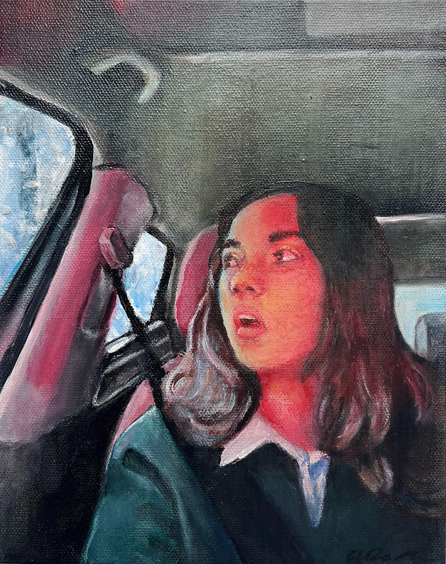 Painting of a girl sitting in the passenger seat of a car.