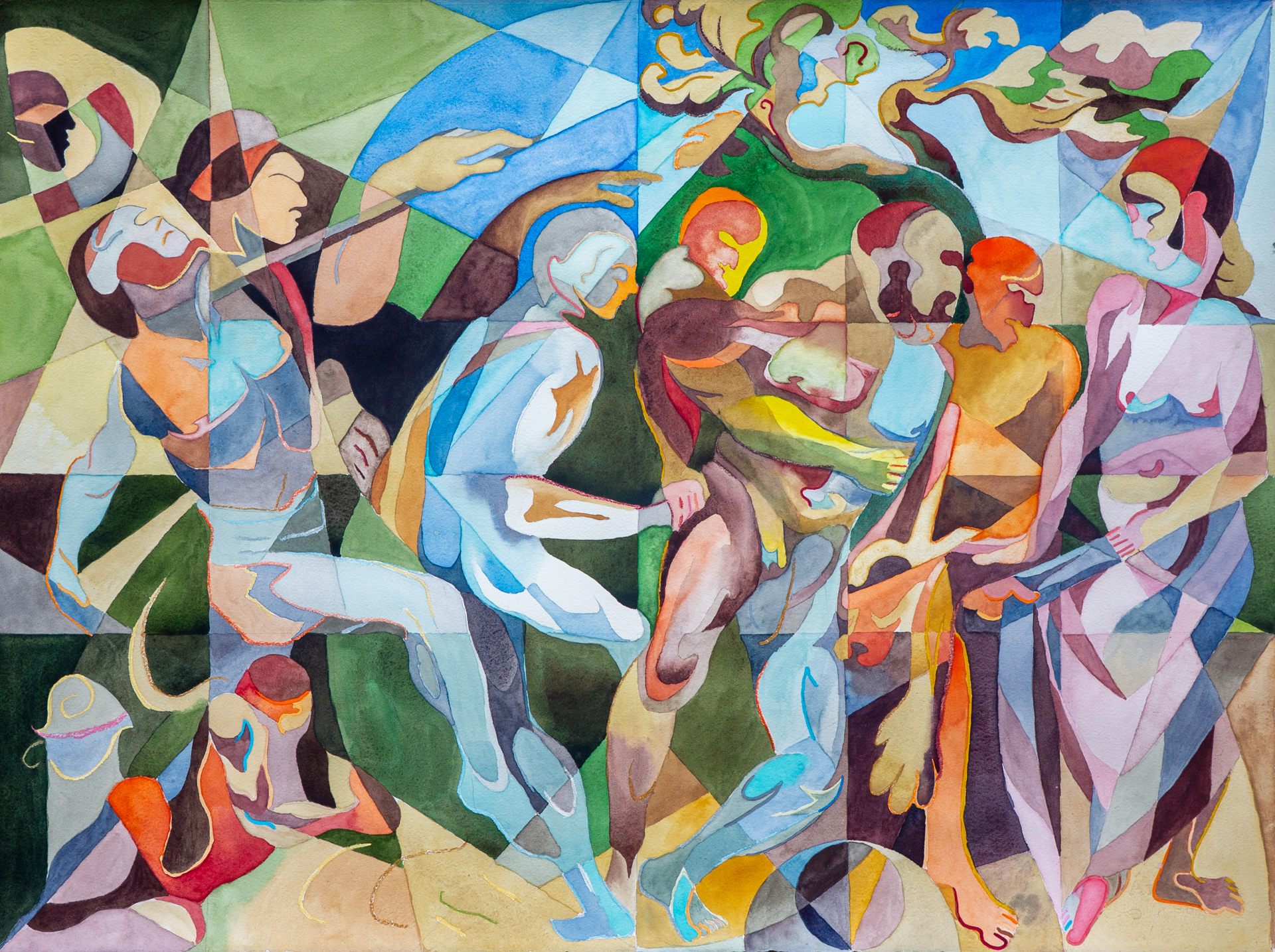 Photo of a Cubist painting in bright colors depicted a mythological scene.