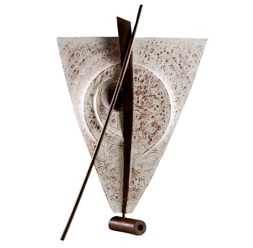 Photo of an abstract wooden and steel sculpture by Stoney Lamar.