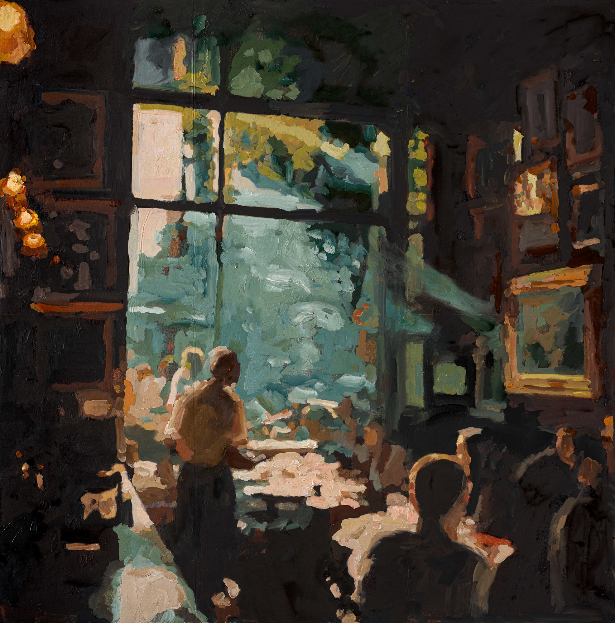 Photo of an Impressionist-style painting depicting people at tables in a restaurant with a large window in the background.