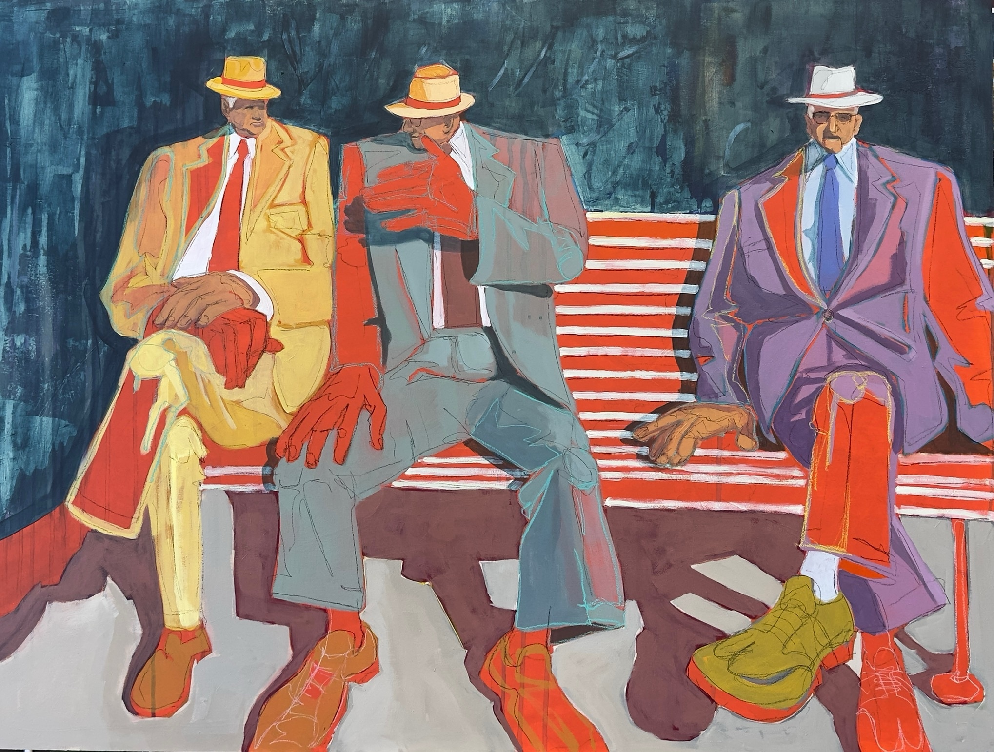 Photo of a painting of three men wearing suits and hats while sitting on a bench. Their feet, legs, and hands are large and elongated.