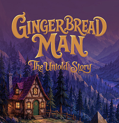 Illustration of a fairy tale cabin among snow-capped mountains in purple tones below text that reads Gingerbread Man The Untold Story.